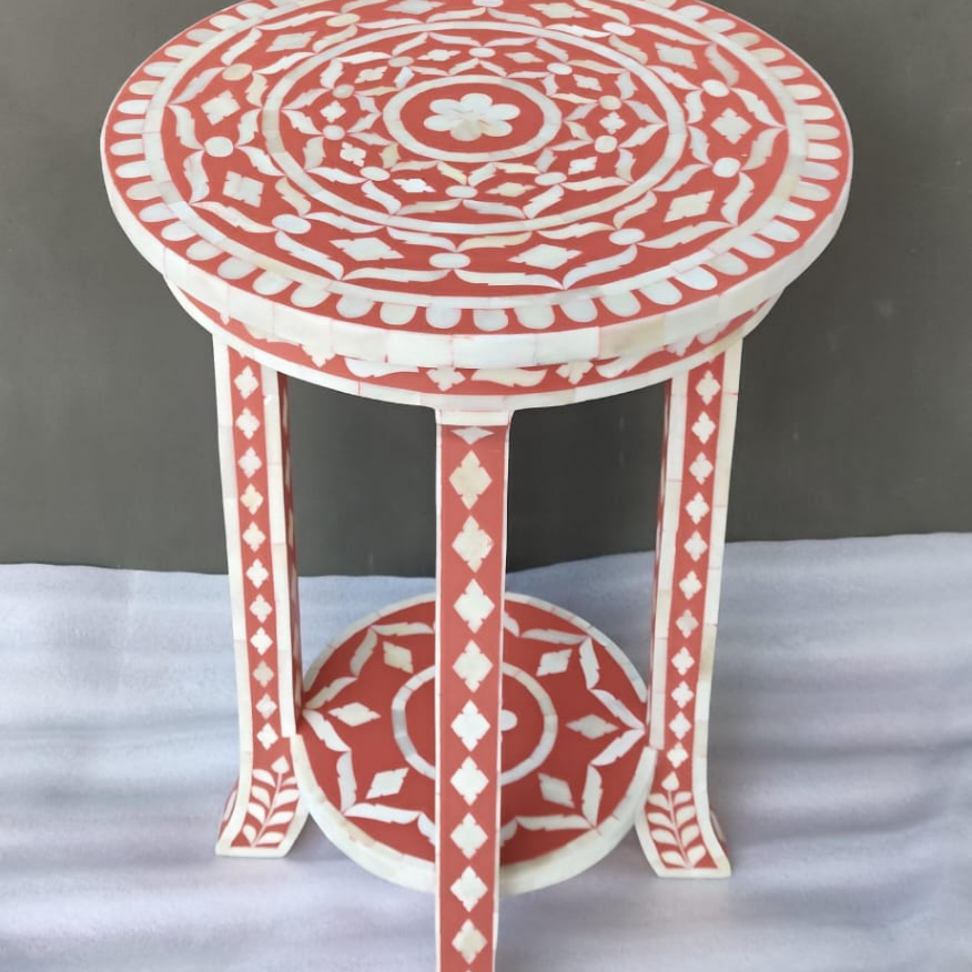 Coral Pink Bone Inlay Round Accent Table | Handmade Decorative End Table