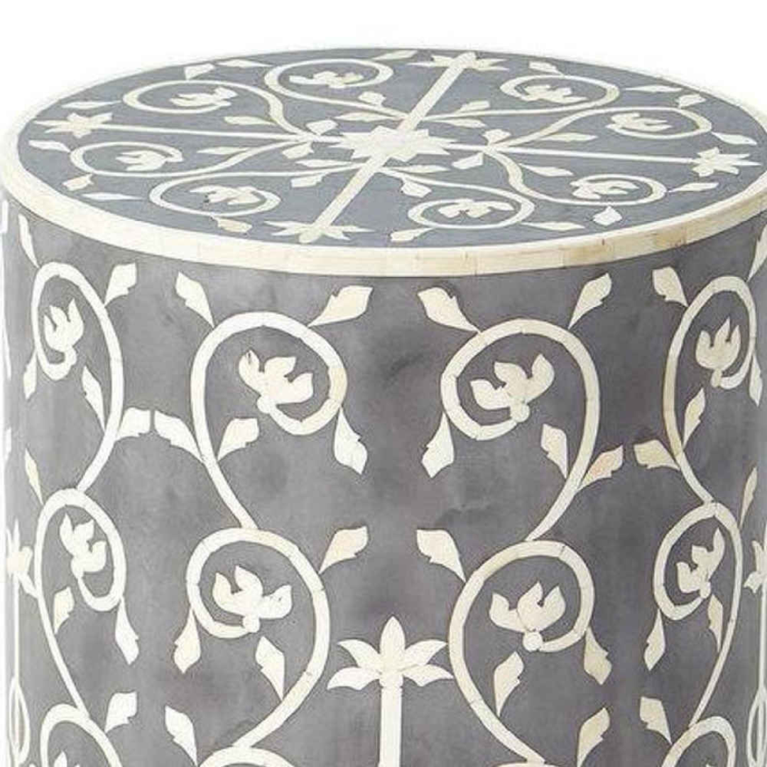Handmade Bone Inlay Round End Table Grey Floral Vine Pattern Accent Side Table Luxury Decorative Furniture