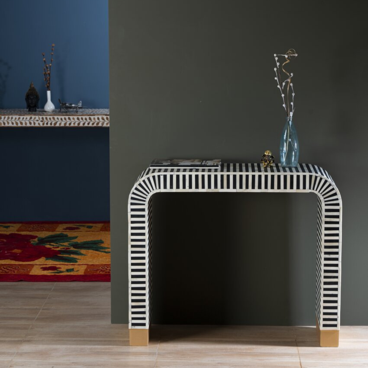 Handmade Black Stripe Bone Inlay Console Table | Modern Arch Waterfall Console