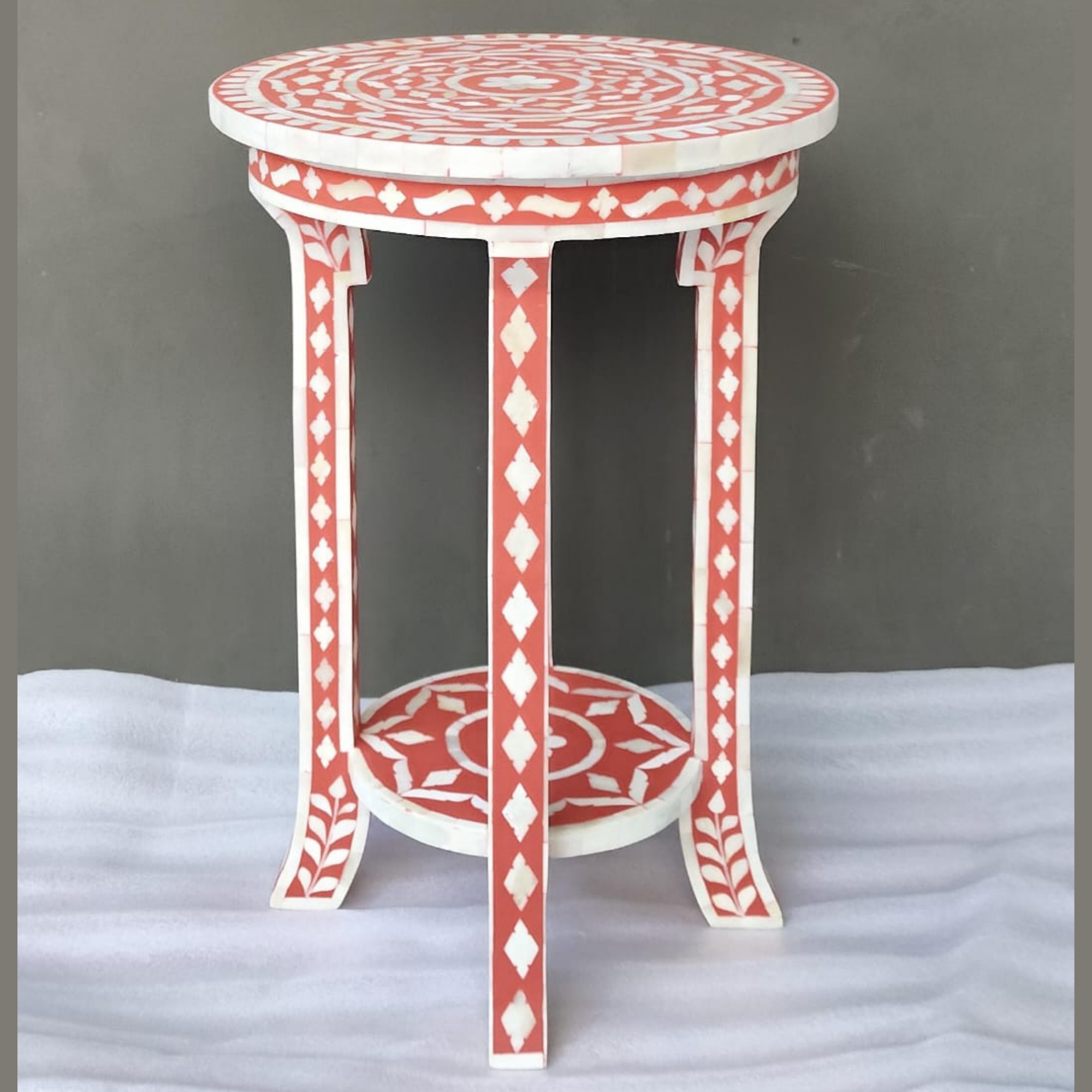 Coral Pink Bone Inlay Round Accent Table | Handmade Decorative End Table