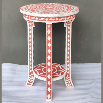 Coral Pink Bone Inlay Round Accent Table | Handmade Decorative End Table
