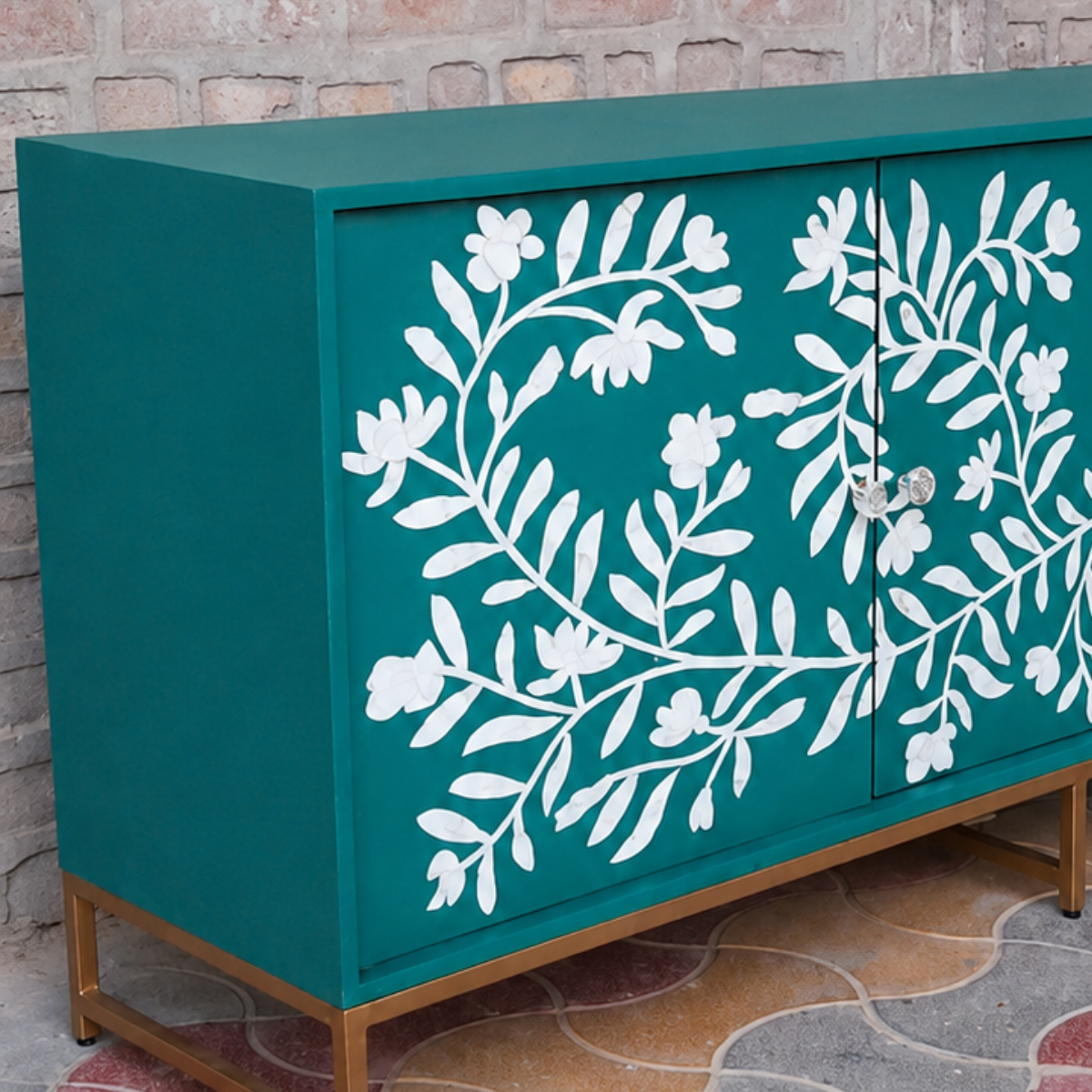 Handmade Teal Bone Inlay Floral Sideboard Cabinet | Luxury Storage Console