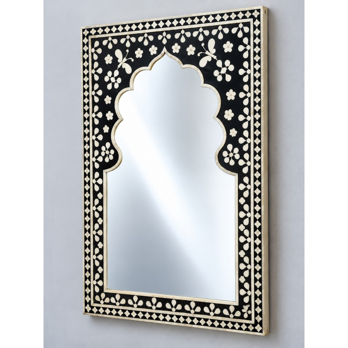 Handmade Black Bone Inlay Arch Mirror – Floral Moroccan Wall Mirror