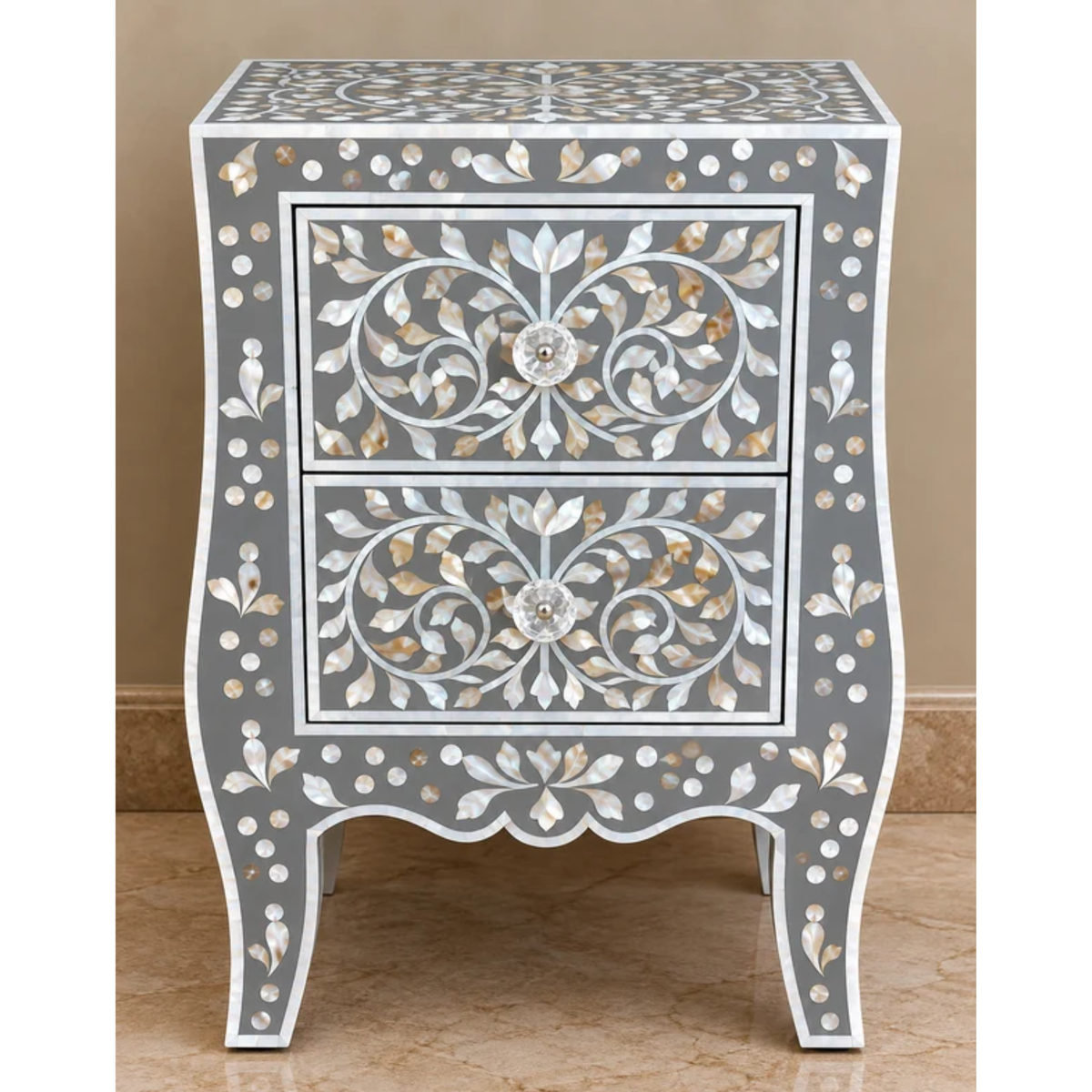 Grey Mother of Pearl Bedside Table with 2 Drawers – Handmade Floral Inlay Nightstand