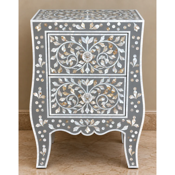 Grey Mother of Pearl Bedside Table with 2 Drawers – Handmade Floral Inlay Nightstand
