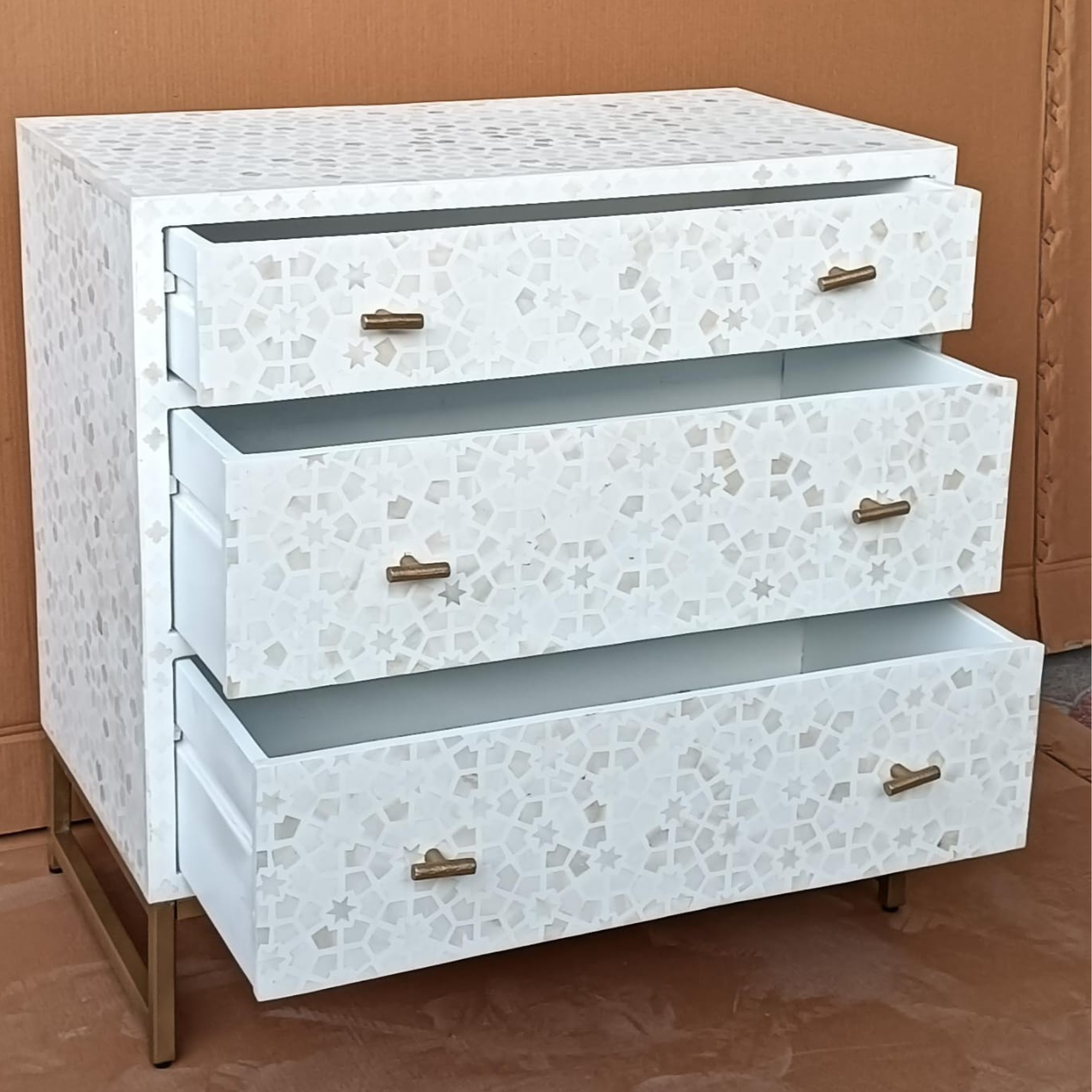 White Bone Inlay 3 Drawer Dresser Chest – Geometric Pattern Storage Cabinet