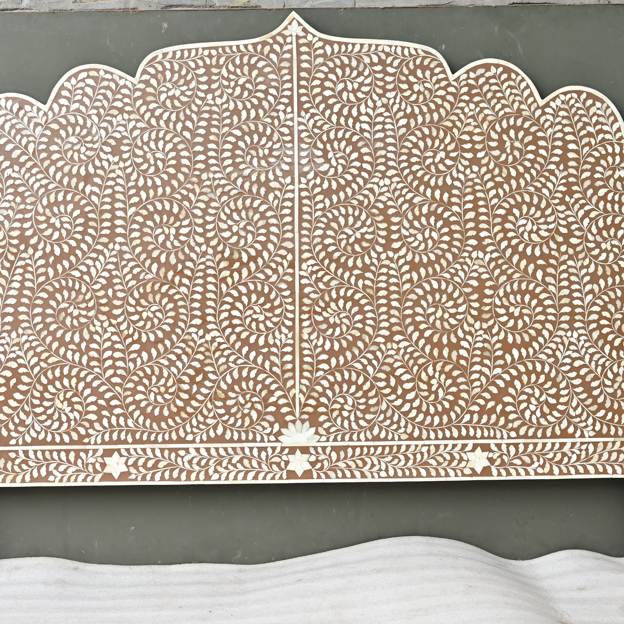 Brown Floral Bone Inlay Headboard – Handmade Scalloped Luxury Bedhead