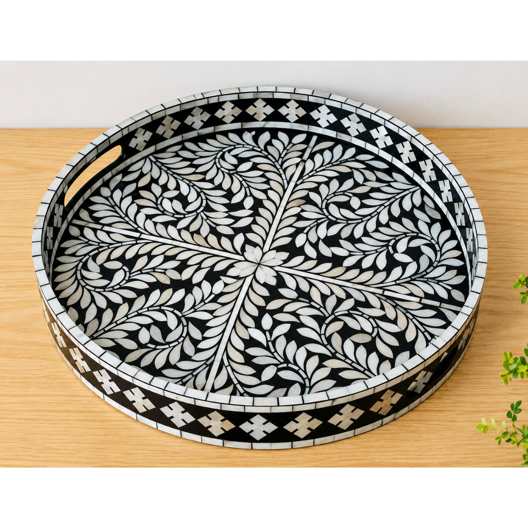 Black Mother of Pearl Inlay Round Serving Tray – Handmade Floral Tray with Handles