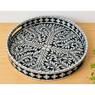 Black Mother of Pearl Inlay Round Serving Tray – Handmade Floral Tray with Handles