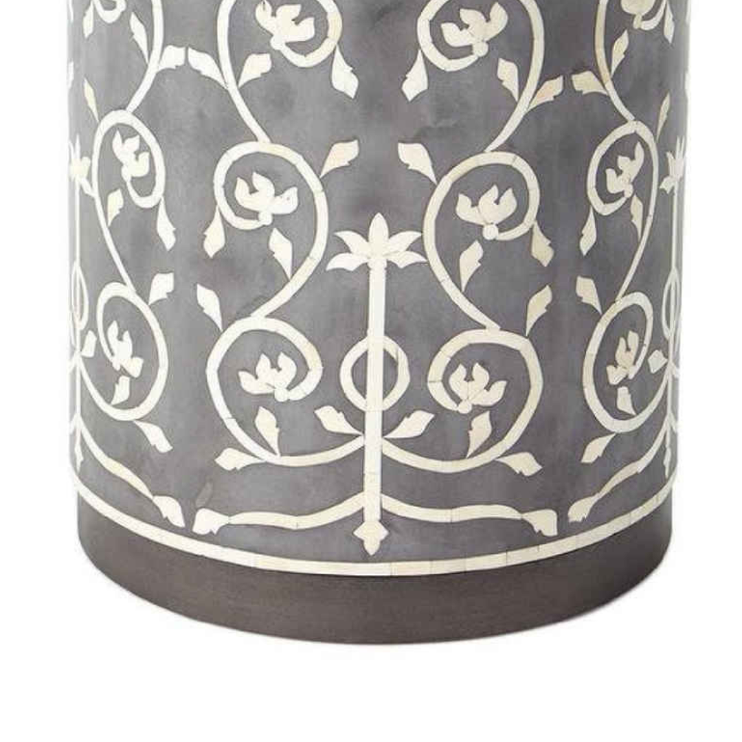 Handmade Bone Inlay Round End Table Grey Floral Vine Pattern Accent Side Table Luxury Decorative Furniture