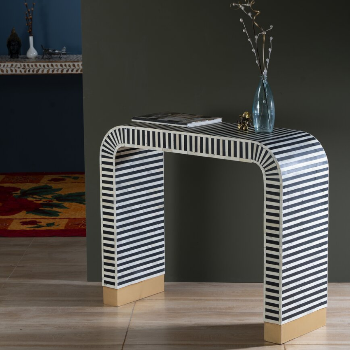 Handmade Black Stripe Bone Inlay Console Table | Modern Arch Waterfall Console
