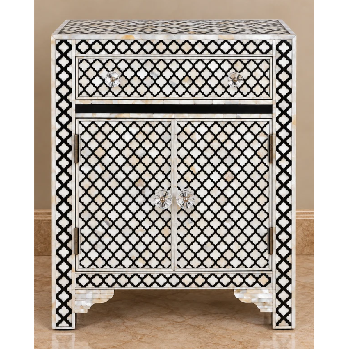 Black & White Mother of Pearl Bedside Cabinet – Handmade Geometric Inlay Nightstand with Drawer & Doors