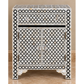 Black & White Mother of Pearl Bedside Cabinet – Handmade Geometric Inlay Nightstand with Drawer & Doors
