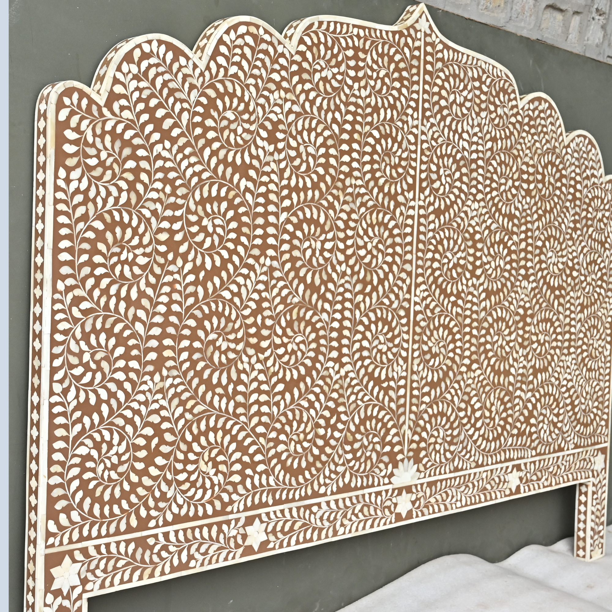 Brown Floral Bone Inlay Headboard – Handmade Scalloped Luxury Bedhead