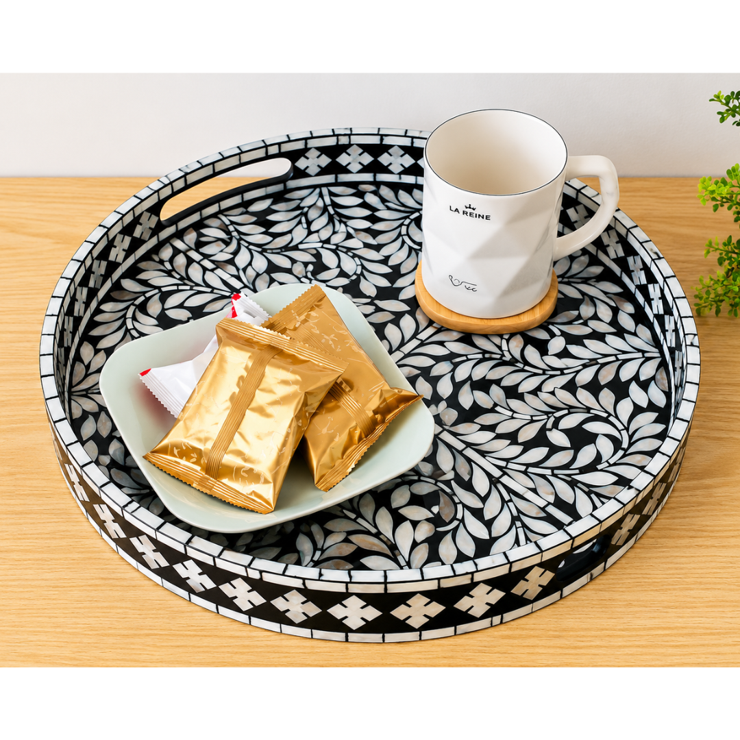 Black Mother of Pearl Inlay Round Serving Tray – Handmade Floral Tray with Handles