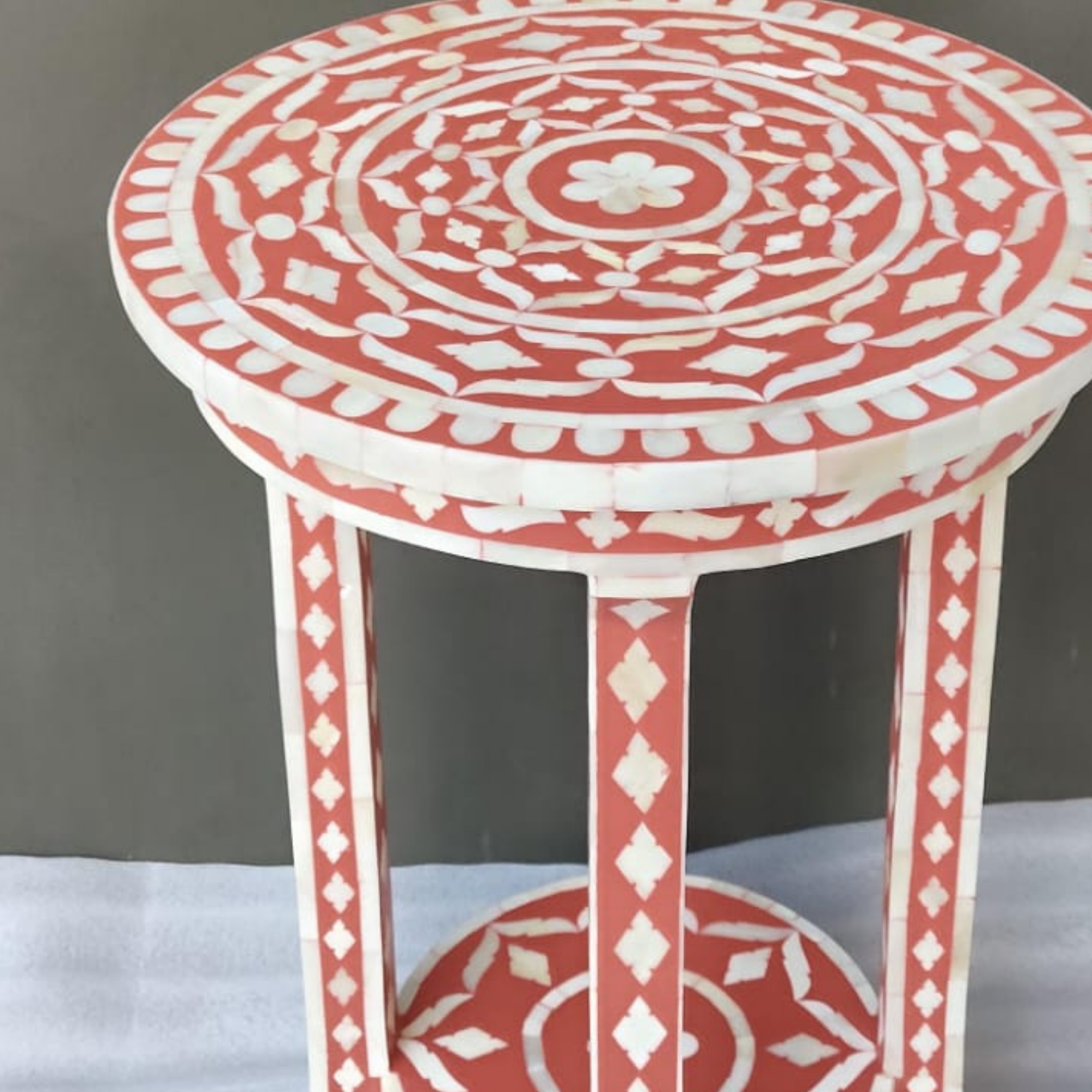 Coral Pink Bone Inlay Round Accent Table | Handmade Decorative End Table
