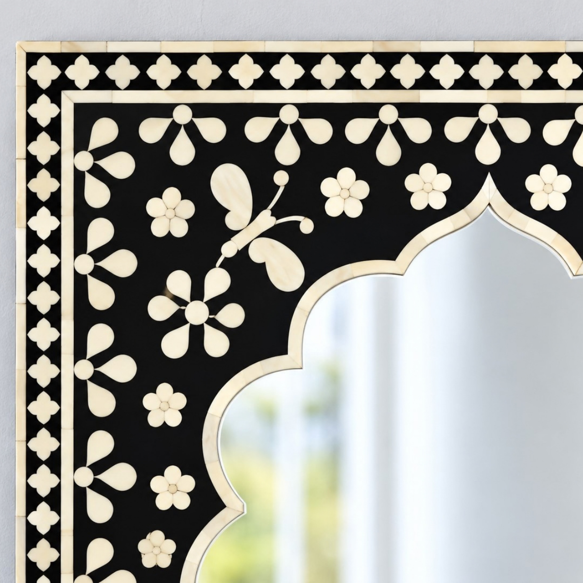 Handmade Black Bone Inlay Arch Mirror – Floral Moroccan Wall Mirror