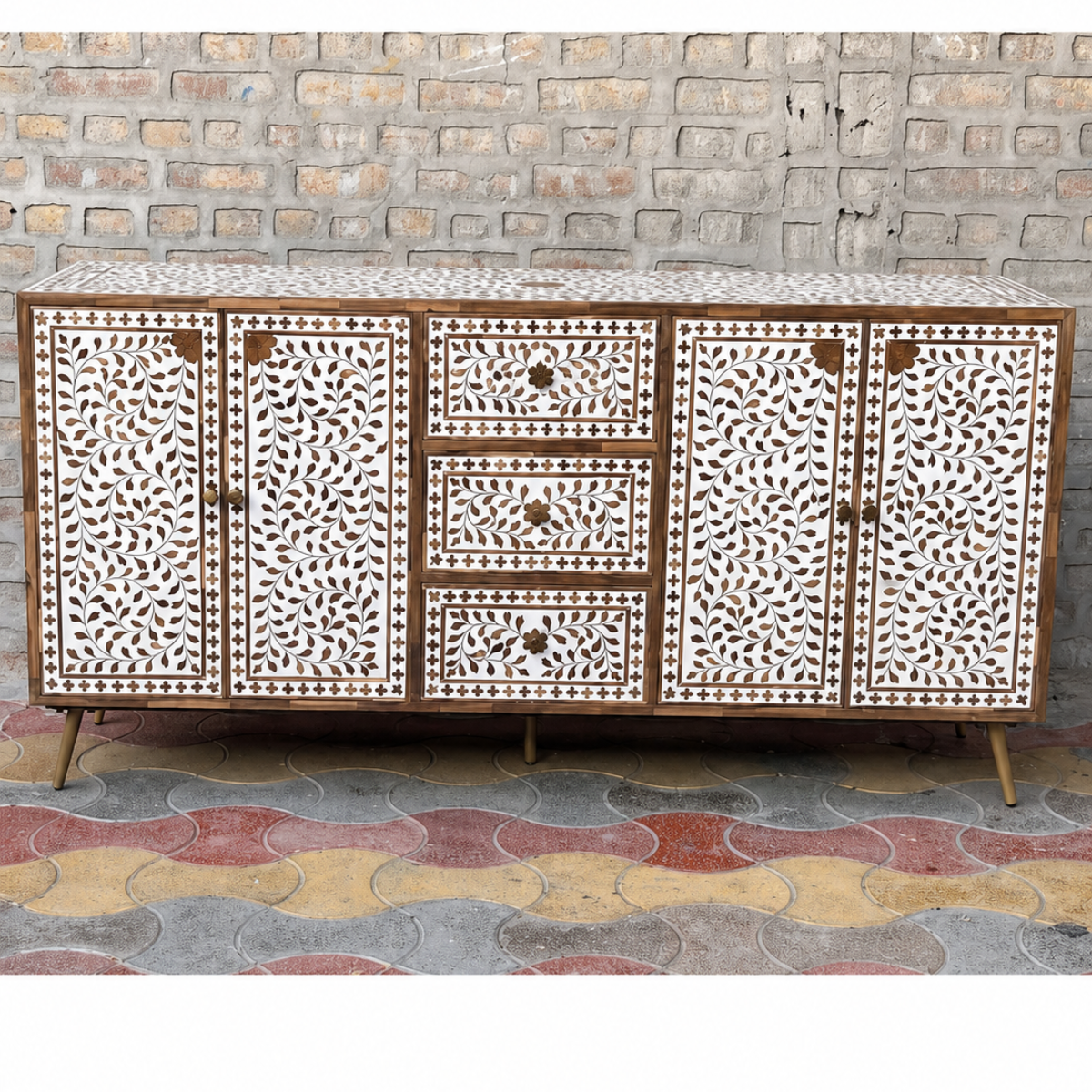 Handmade Brown & White Bone Inlay Sideboard – Floral 4 Door Credenza with 3 Drawers