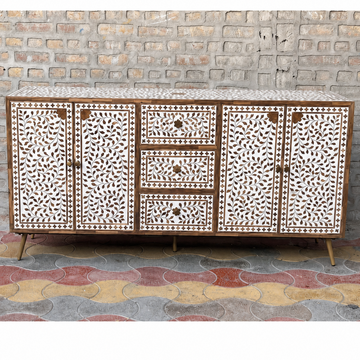 Handmade Brown & White Bone Inlay Sideboard – Floral 4 Door Credenza with 3 Drawers