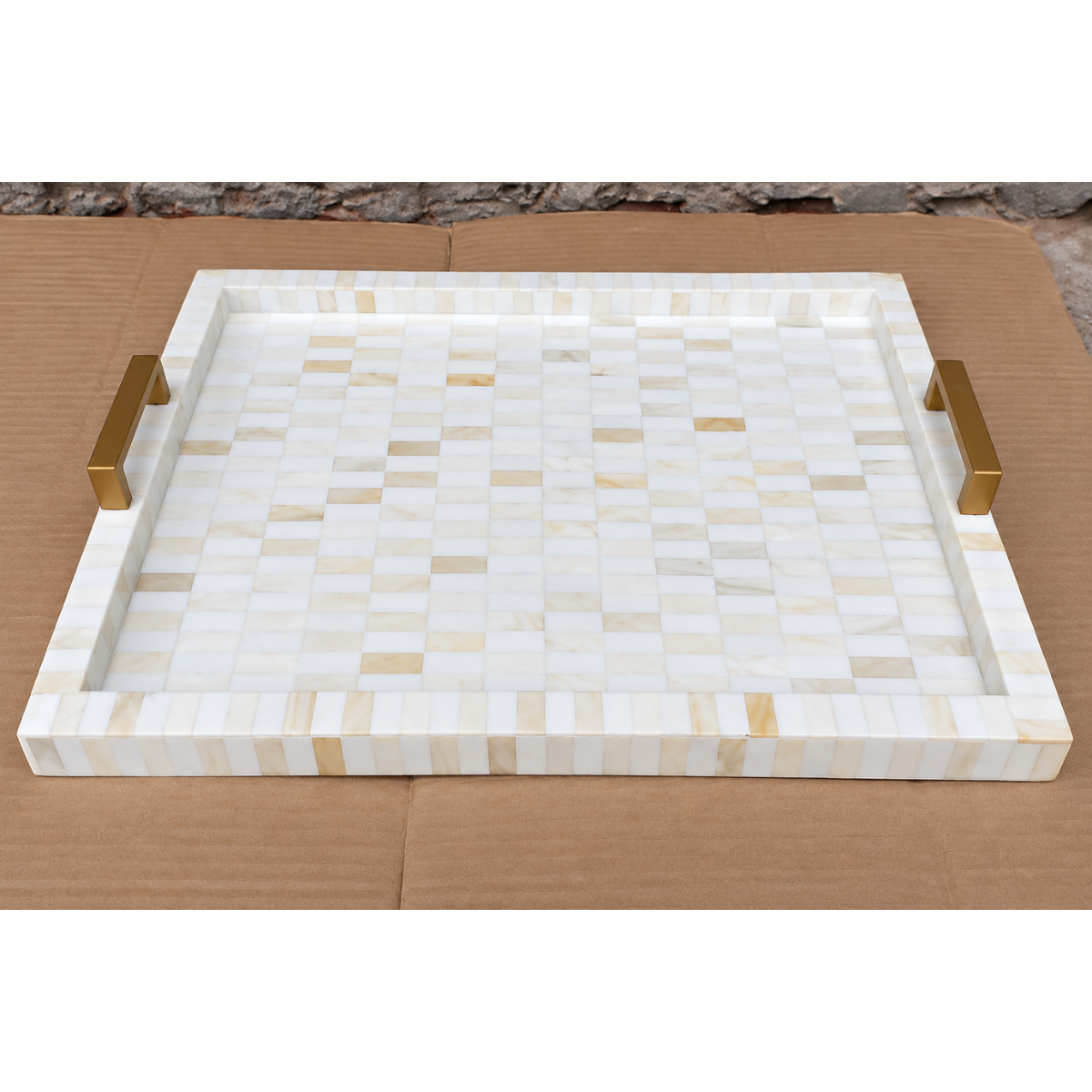 Handmade White Bone Inlay Serving Tray – Mosaic Design with Brass Handles