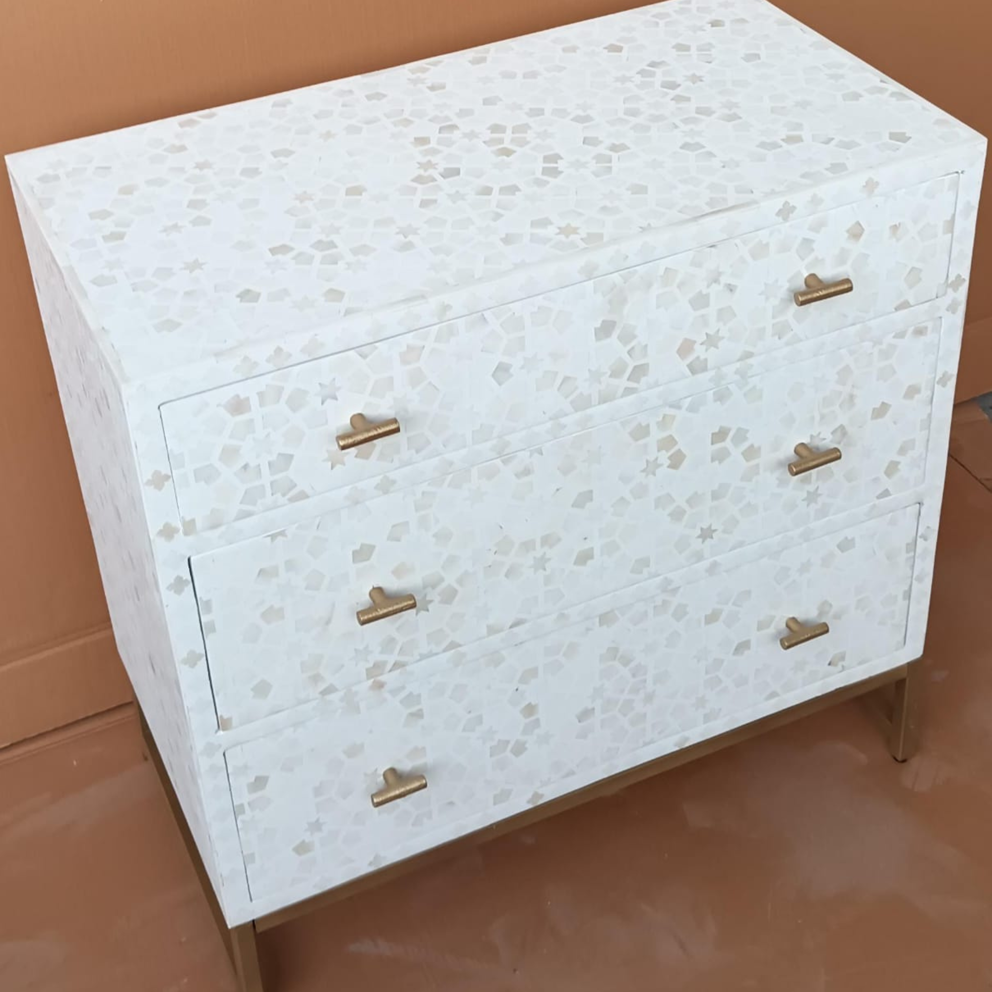 White Bone Inlay 3 Drawer Dresser Chest – Geometric Pattern Storage Cabinet
