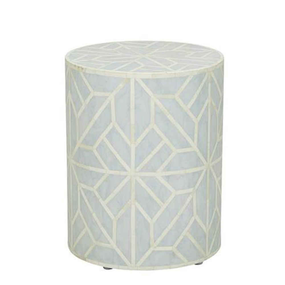 Handmade Bone Inlay Round End Table Blue Geometric Pattern Accent Side Table Modern Luxury Furniture