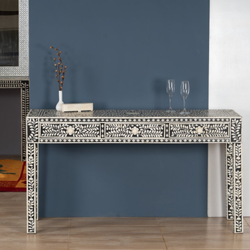 Black Bone Inlay Console Table with 3 Drawers | Handmade Floral Entryway Console