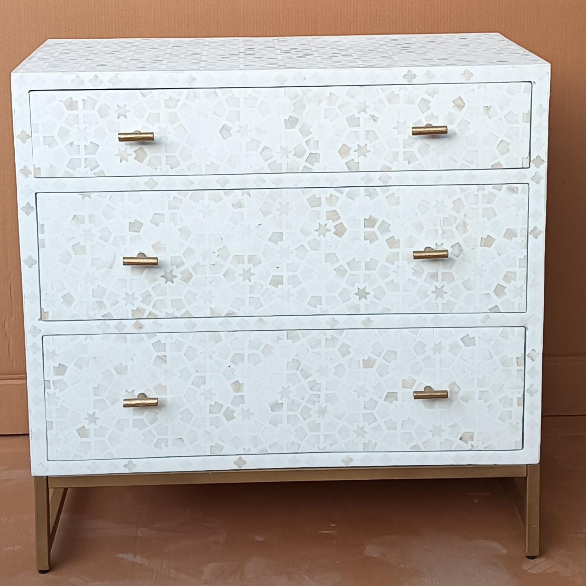 White Bone Inlay 3 Drawer Dresser Chest – Geometric Pattern Storage Cabinet