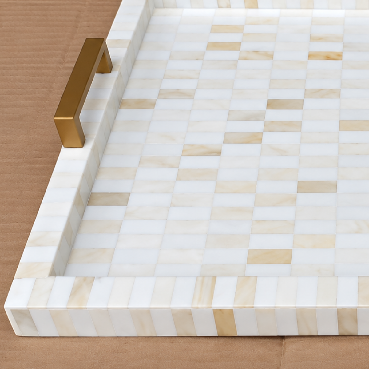 Handmade White Bone Inlay Serving Tray – Mosaic Design with Brass Handles