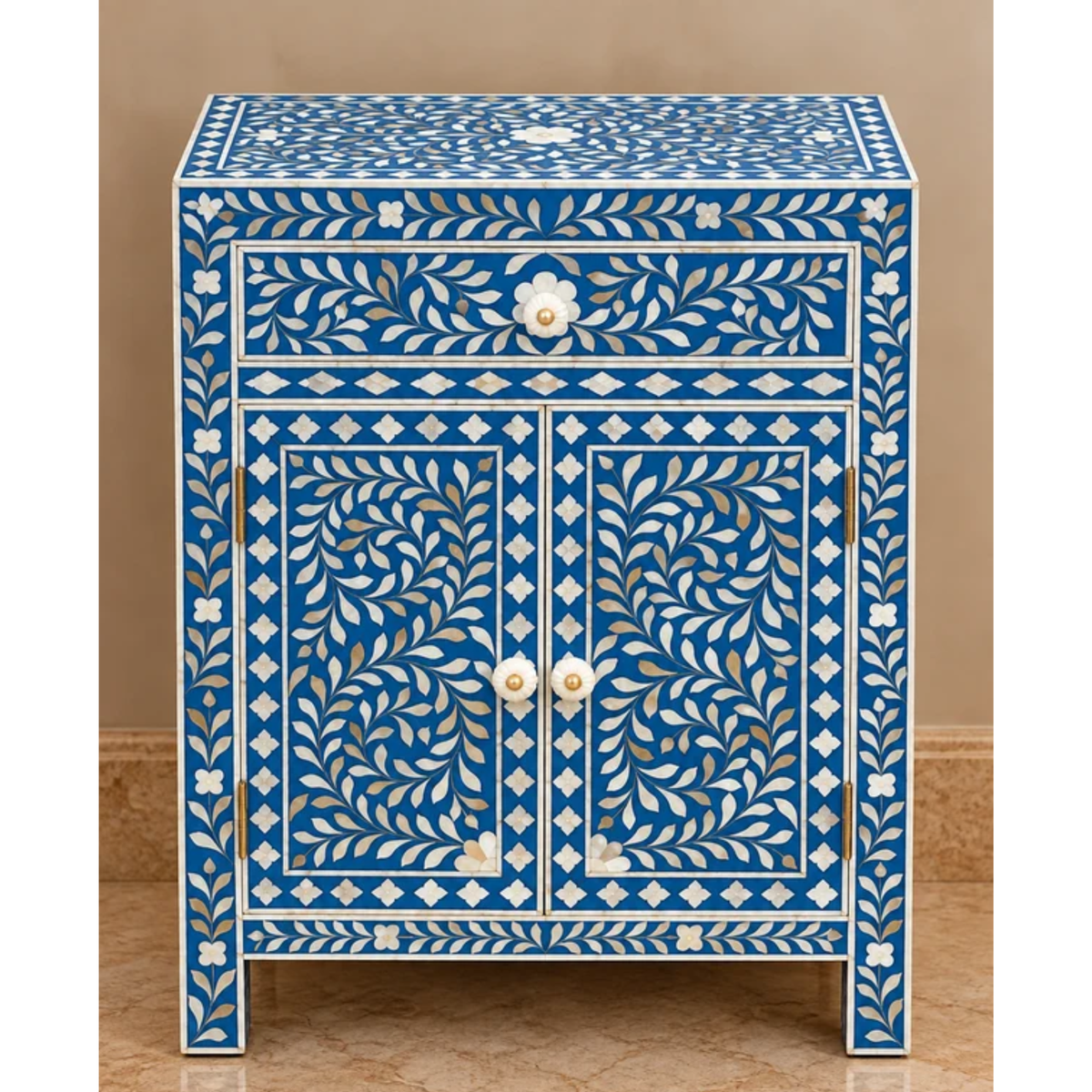 Blue Mother of Pearl Bedside Cabinet – Handmade Floral Inlay Nightstand with Drawer & Doors