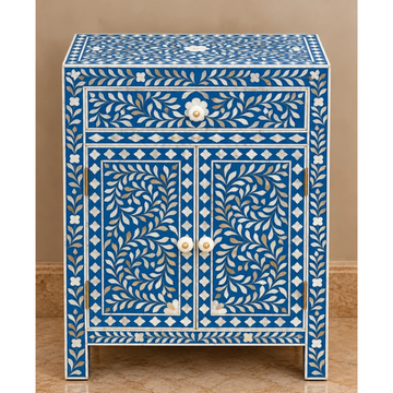 Blue Mother of Pearl Bedside Cabinet – Handmade Floral Inlay Nightstand with Drawer & Doors