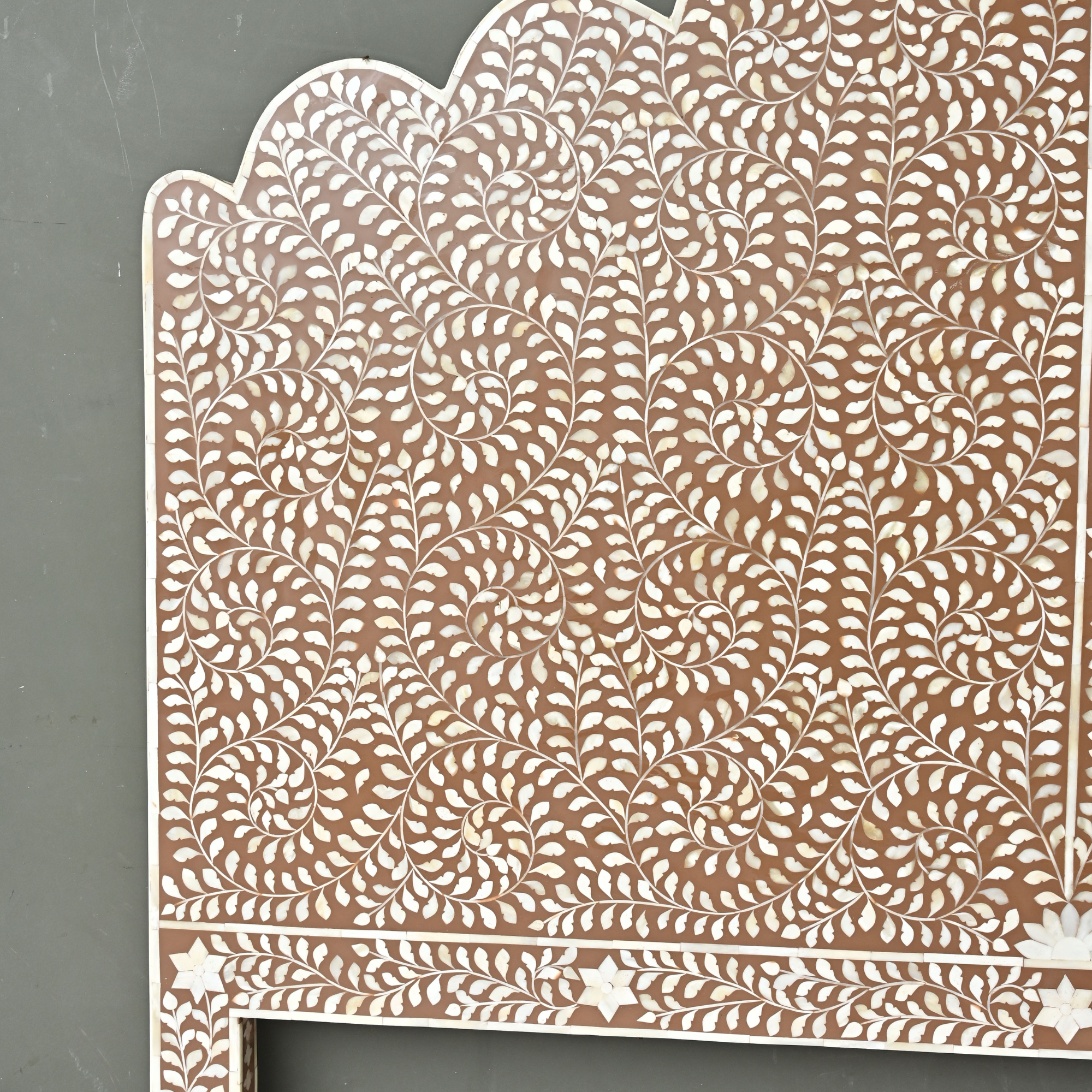 Brown Floral Bone Inlay Headboard – Handmade Scalloped Luxury Bedhead