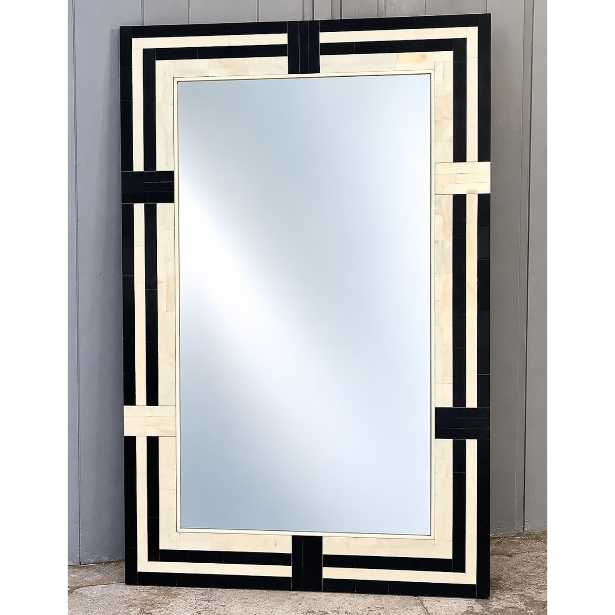 Handmade Black & Ivory Bone Inlay Mirror – Geometric Rectangular Wall Mirror