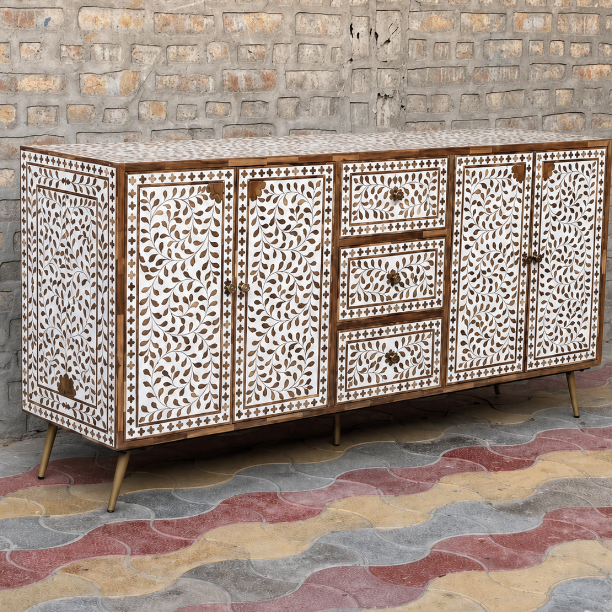 Handmade Brown & White Bone Inlay Sideboard – Floral 4 Door Credenza with 3 Drawers