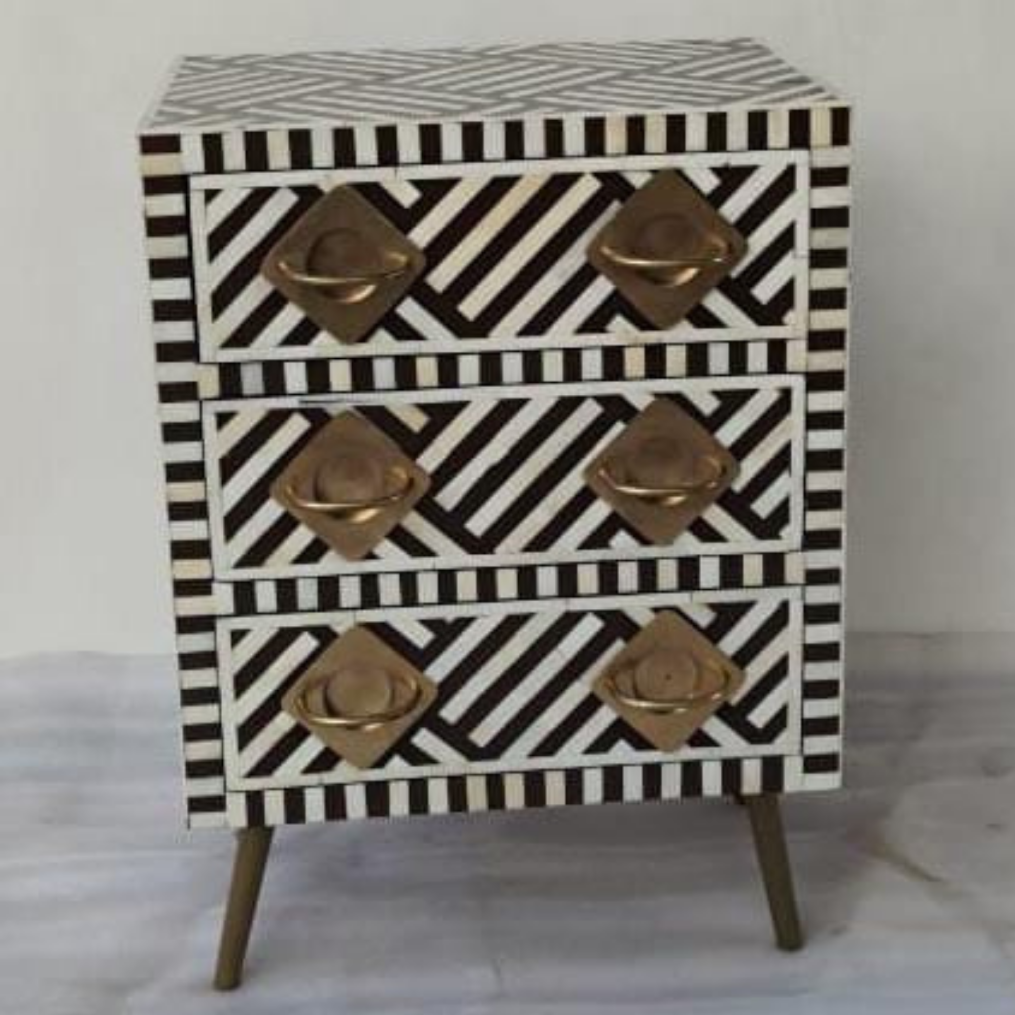 Black & White Geometric Bone Inlay Bedside Table | 3 Drawer Nightstand