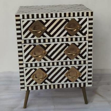 Black & White Geometric Bone Inlay Bedside Table | 3 Drawer Nightstand