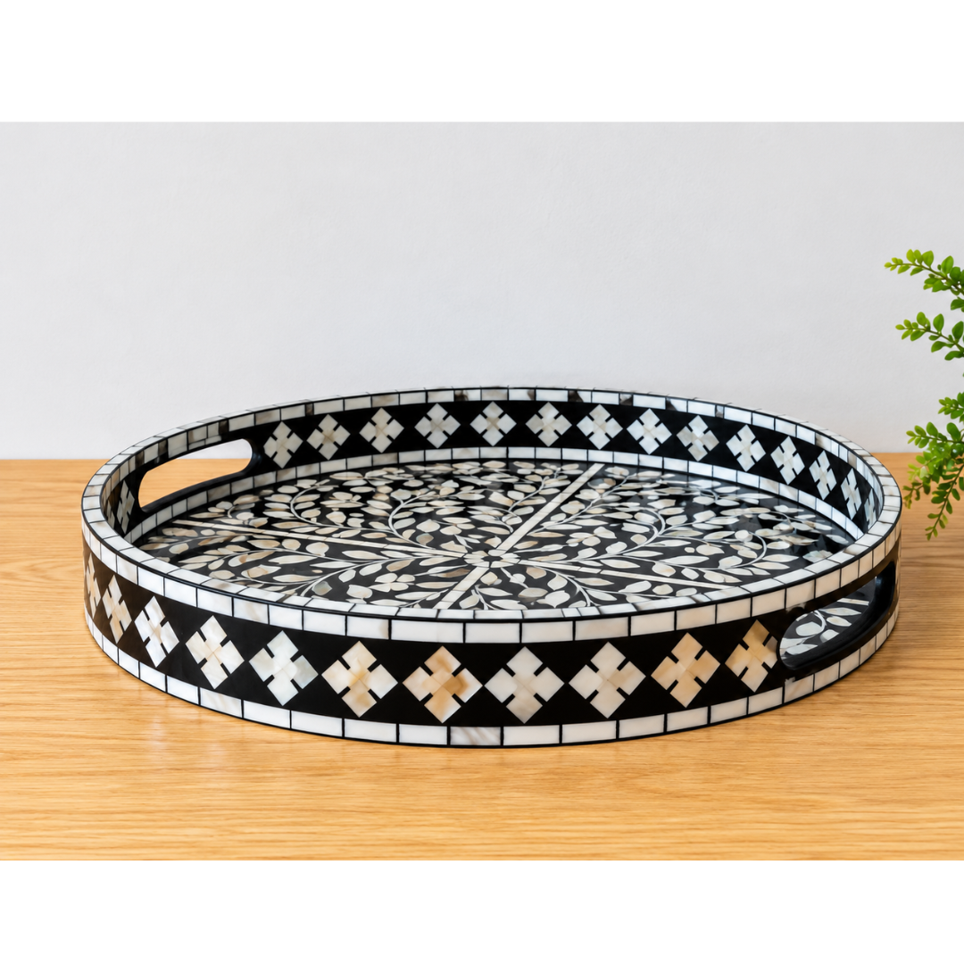 Black Mother of Pearl Inlay Round Serving Tray – Handmade Floral Tray with Handles