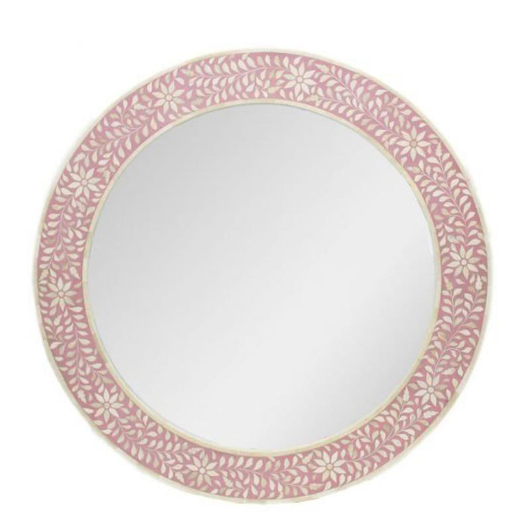 Pink Floral Bone Inlay Round Mirror Handmade Decorative Wall Mirror Luxury Feminine Home Decor