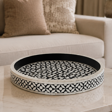 Handmade Black and White Bone Inlay Round Serving Tray | Decorative Ottoman Tray