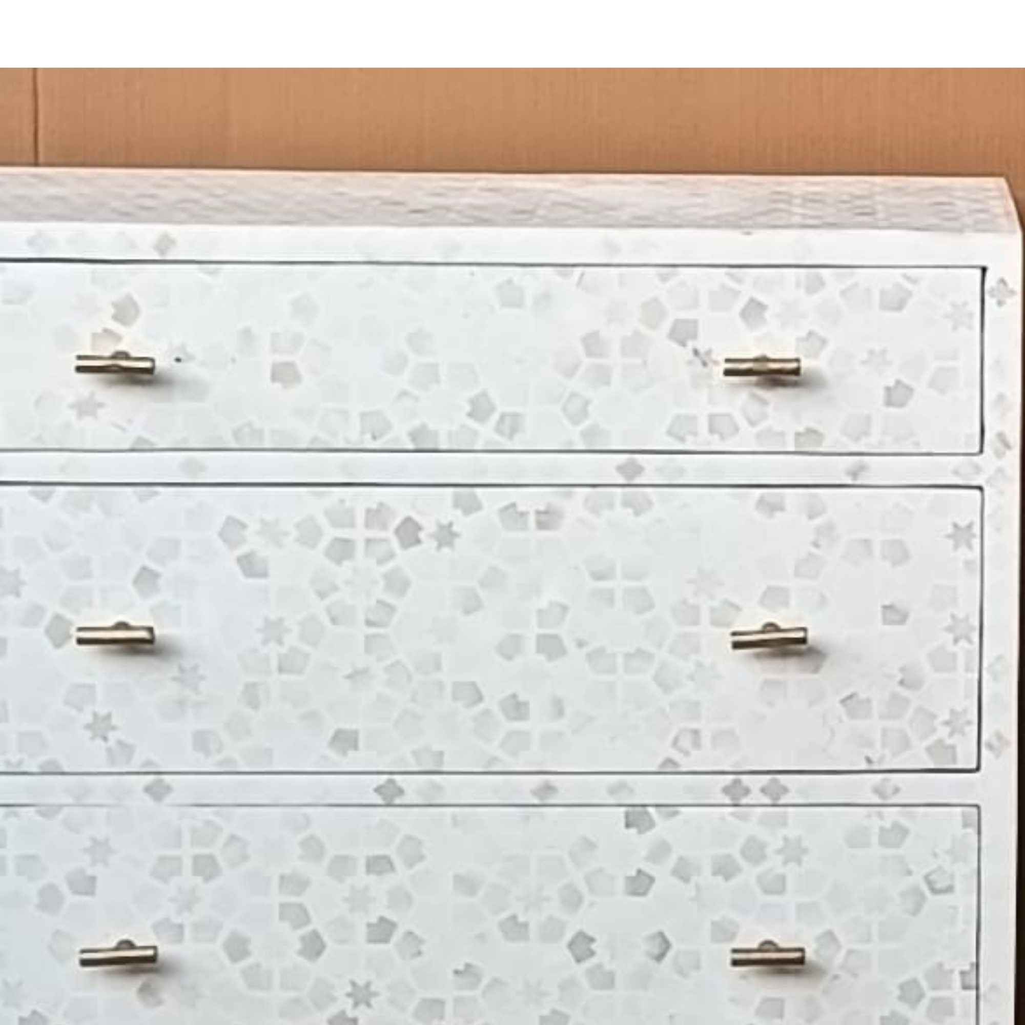 White Bone Inlay 3 Drawer Dresser Chest – Geometric Pattern Storage Cabinet