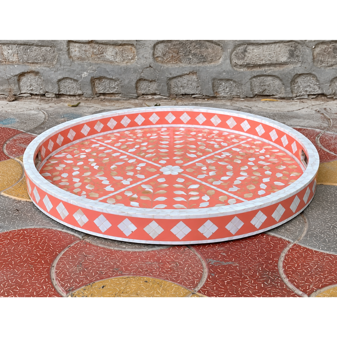 Coral Mother of Pearl Inlay Round Serving Tray – Handmade Floral Decorative Tray
