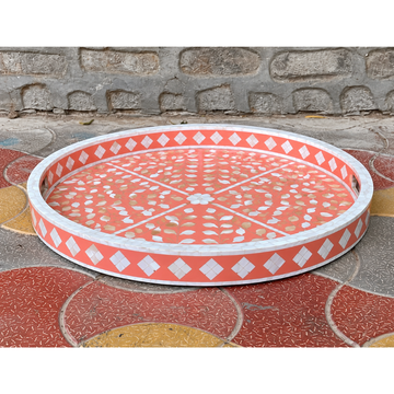 Coral Mother of Pearl Inlay Round Serving Tray – Handmade Floral Decorative Tray