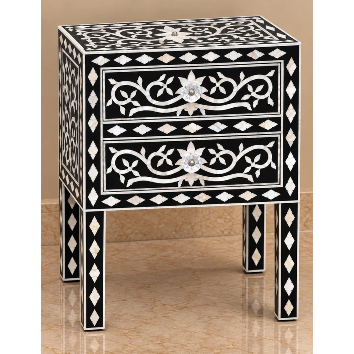 Black Mother of Pearl Bedside Table with 2 Drawers – Handmade Floral Inlay Nightstand