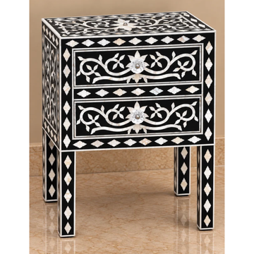 Black Mother of Pearl Bedside Table with 2 Drawers – Handmade Floral Inlay Nightstand