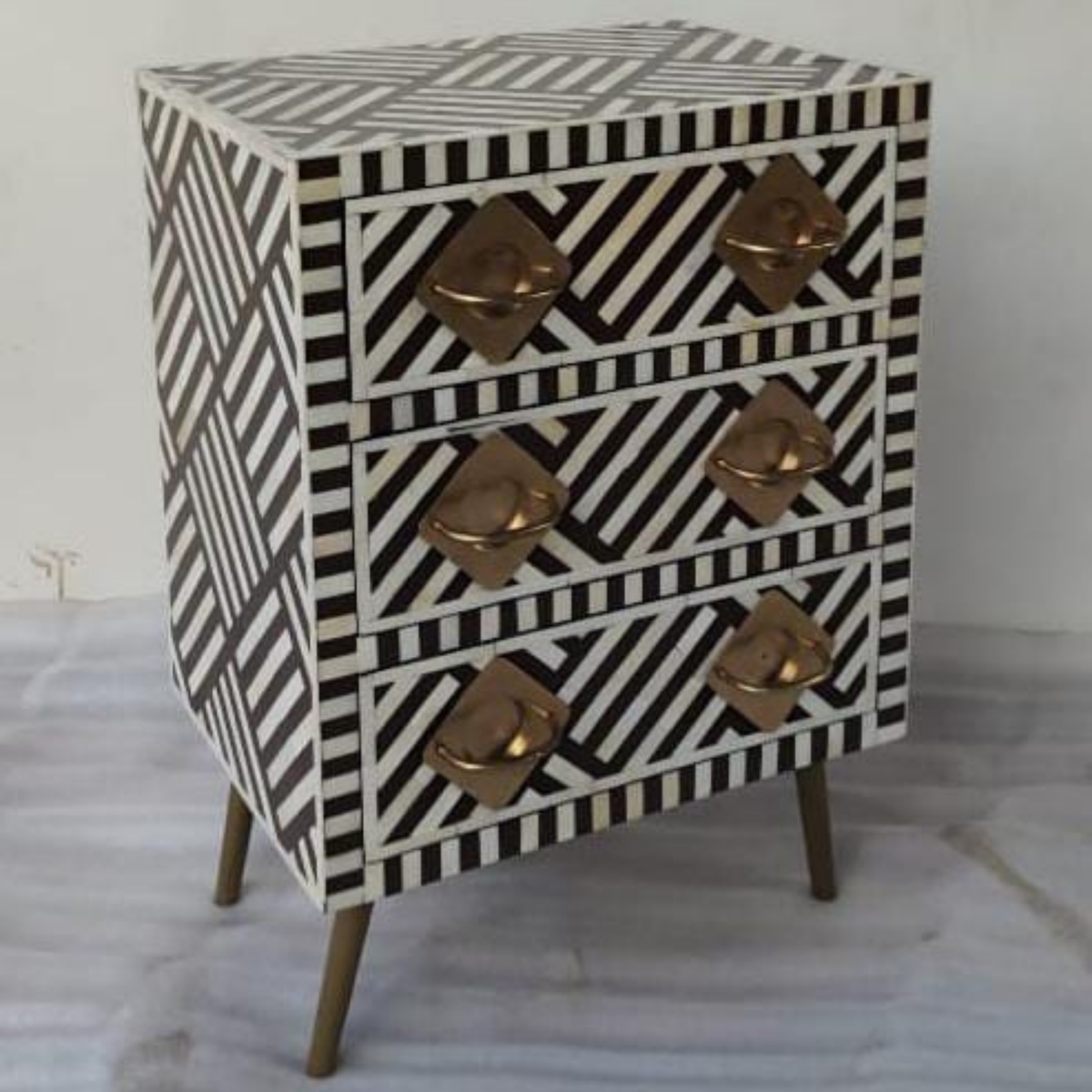 Handmade Black & White Bone Inlay Chest of Drawers – Geometric 3 Drawer Nightstand with Brass Handles