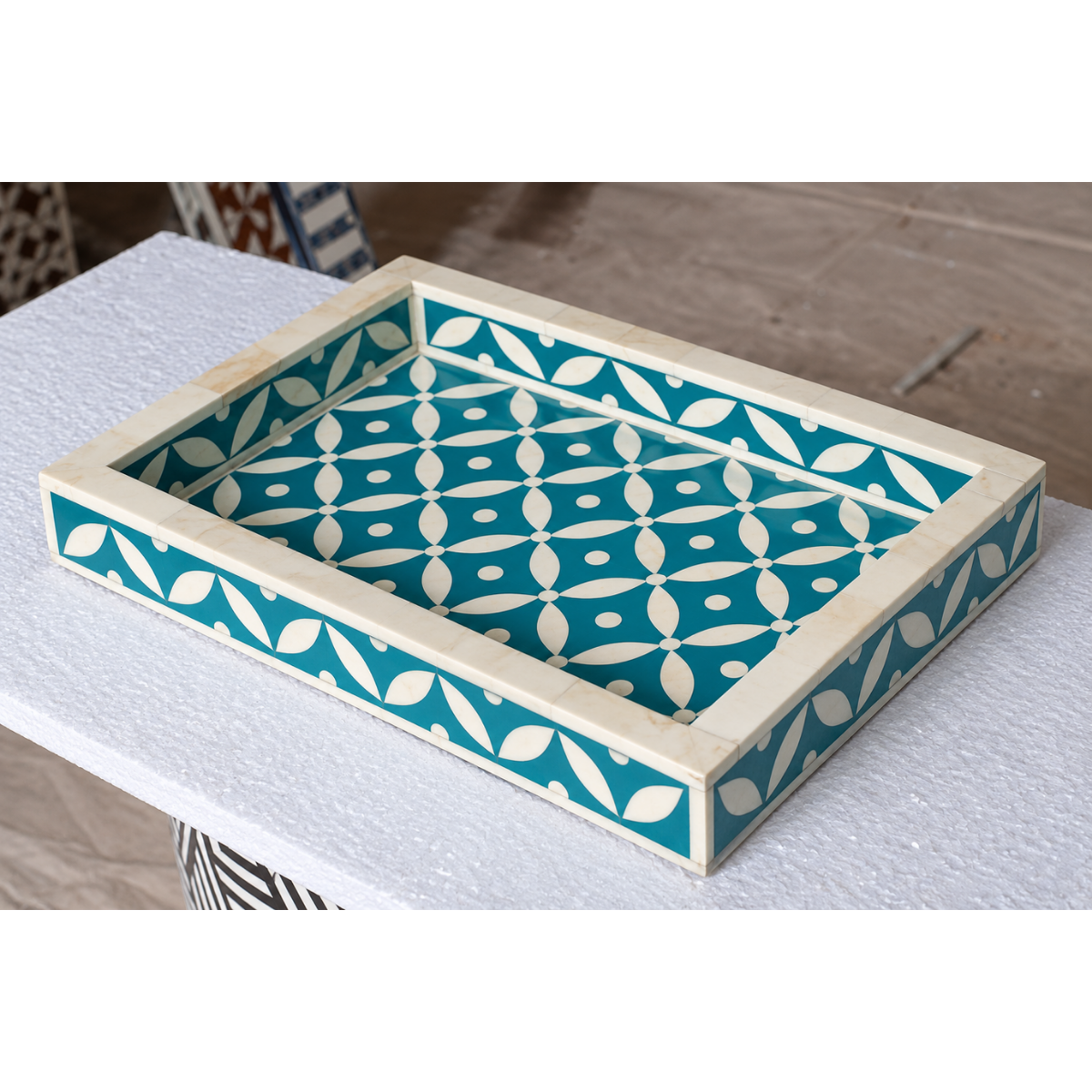 Handmade Teal Bone Inlay Tray – Geometric Leaf Pattern Decorative Tray