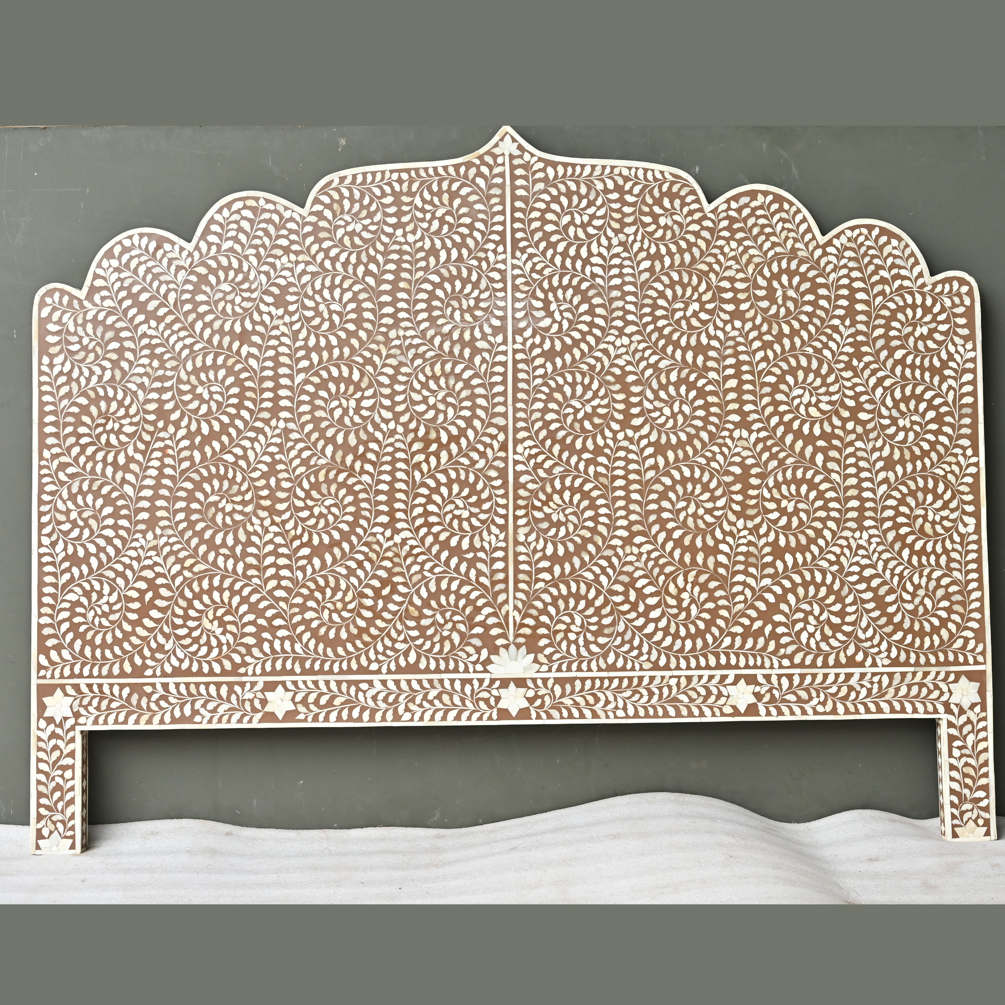 Brown Floral Bone Inlay Headboard – Handmade Scalloped Luxury Bedhead