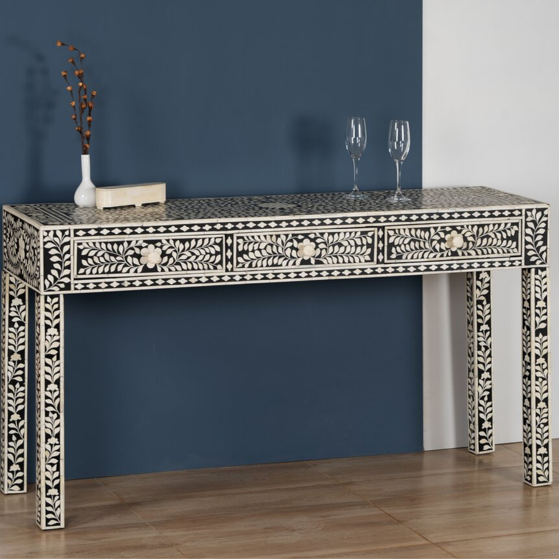 Black Bone Inlay Console Table with 3 Drawers | Handmade Floral Entryway Console