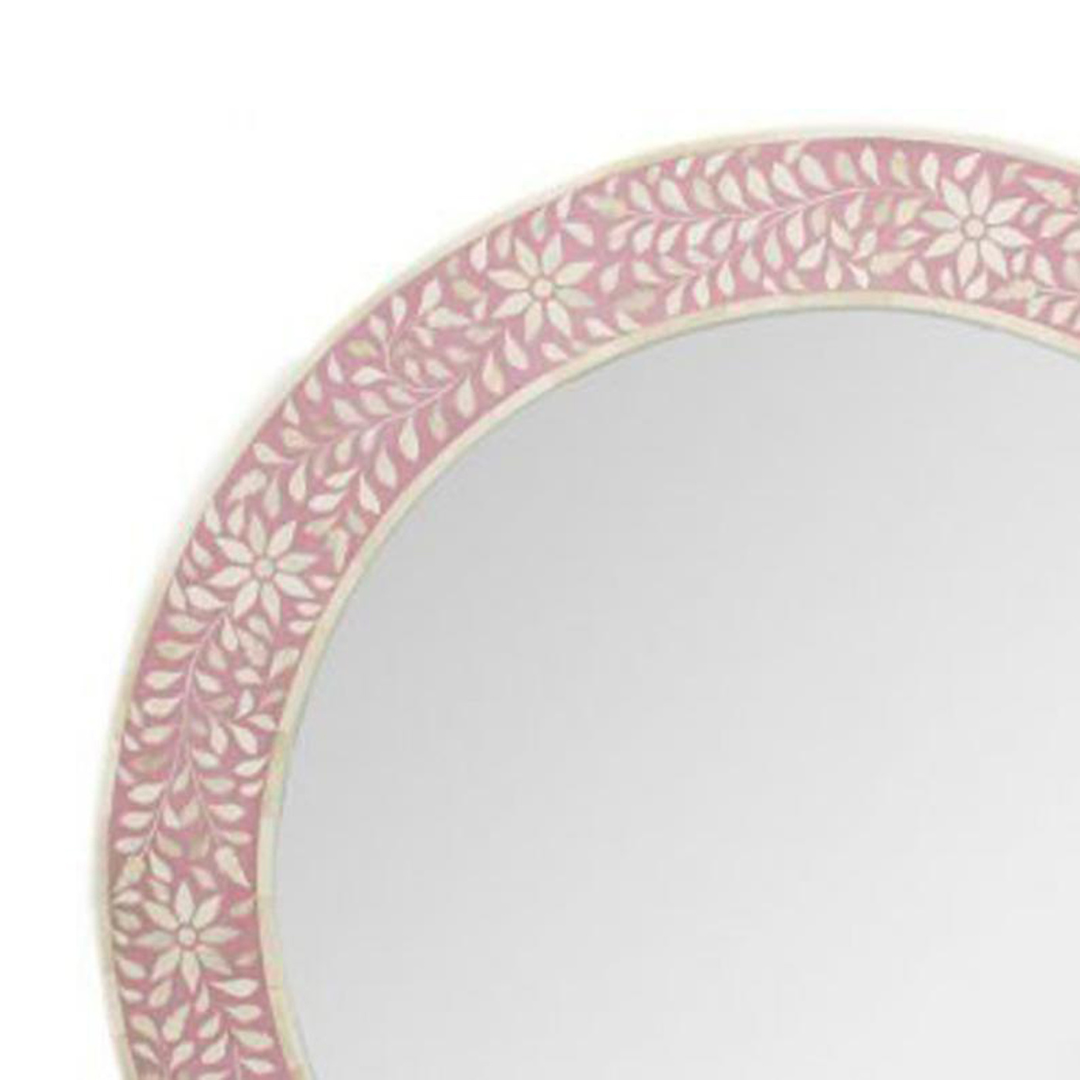Pink Floral Bone Inlay Round Mirror Handmade Decorative Wall Mirror Luxury Feminine Home Decor