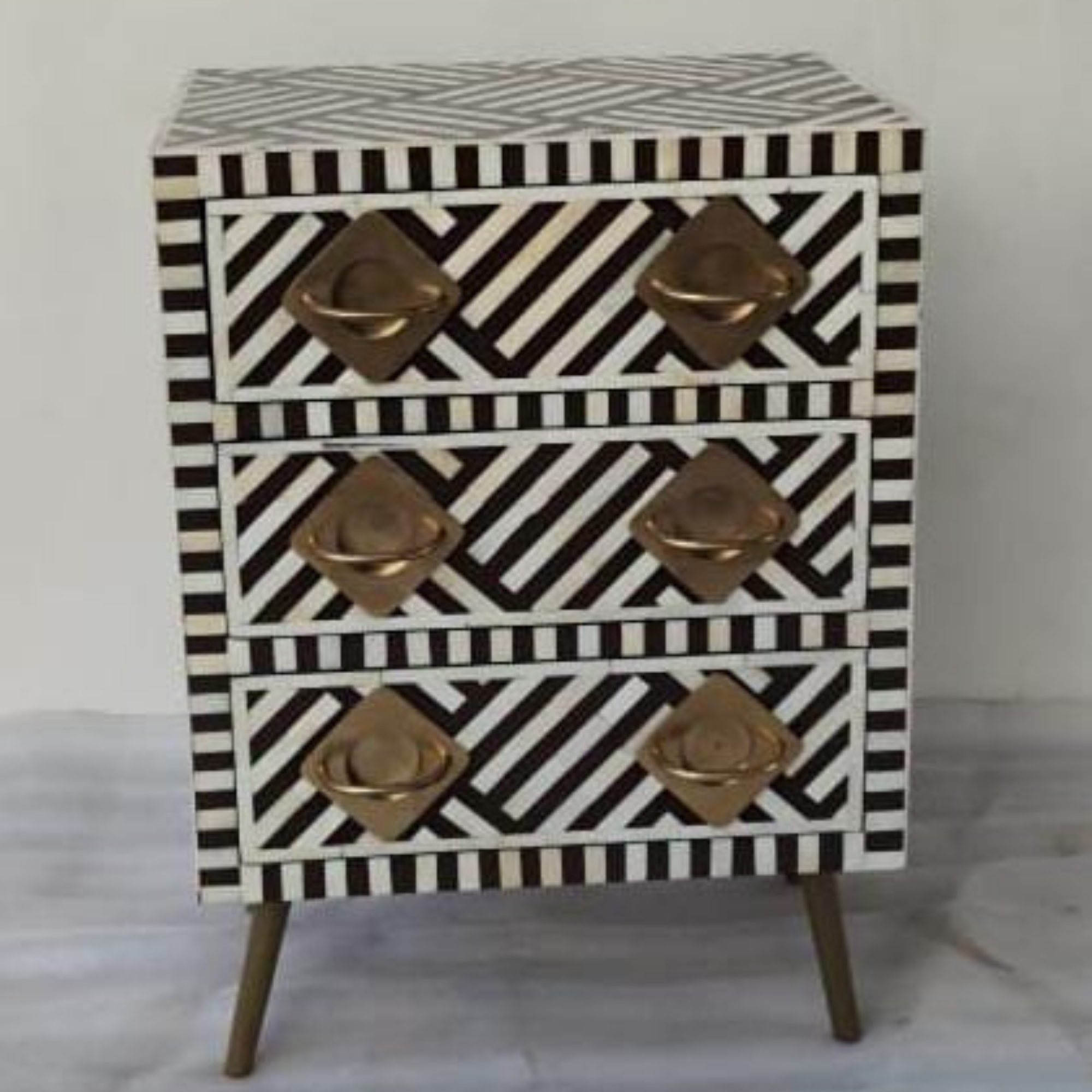Black & White Geometric Bone Inlay Bedside Table | 3 Drawer Nightstand